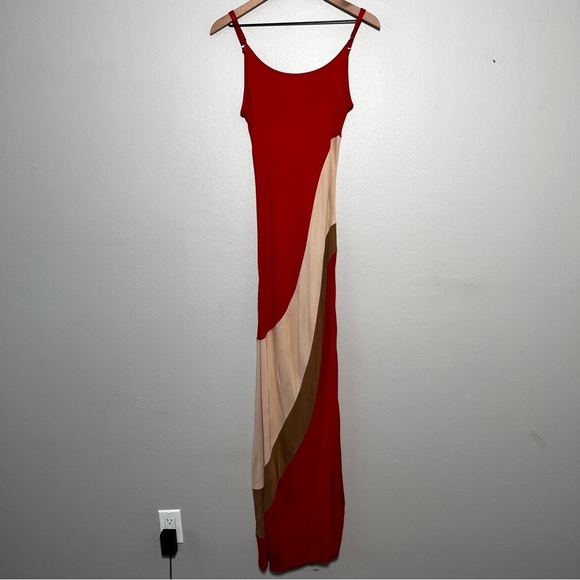 Haute Hippie Women Maxi Dress Medium Red Swirl Bodycon Side Split Tank Statement - Picture 2 of 10